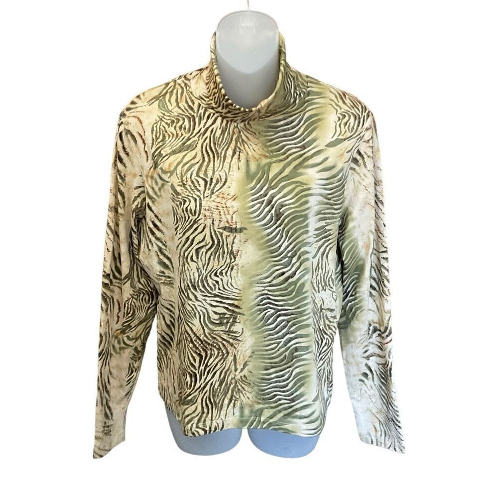 Carlisle Top Silk Blend Turtleneck Tropical Jungle Print Green Tan Brown XL